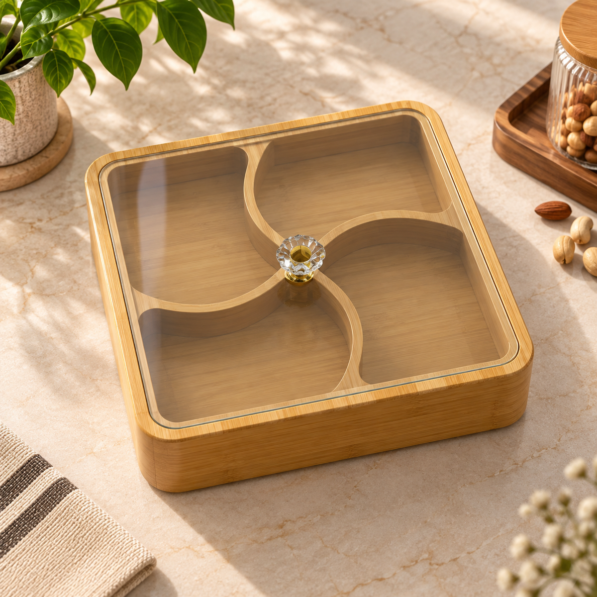 Premium Wooden 4-Compartment Dry Fruit Box with Acrylic Lid