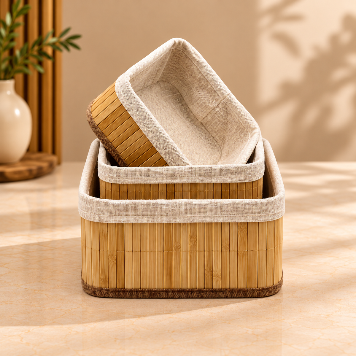 Luxe Bamboo Storage Basket Set – 3 Pcs | Square