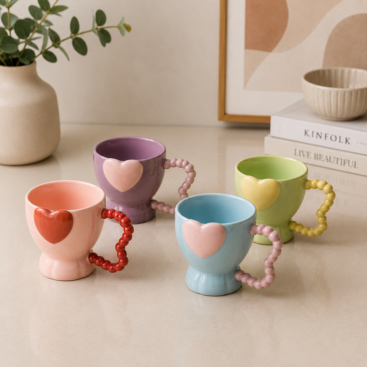 Heart Beaded Handle Ceramic Mug