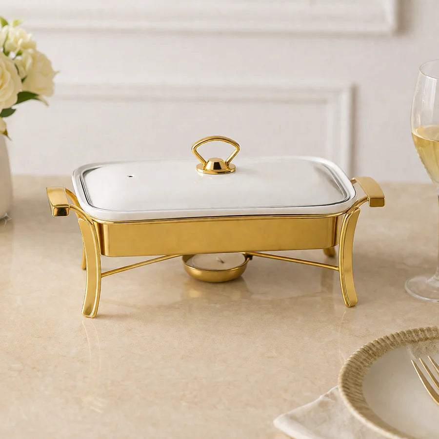 Brilliant Golden Rectangular Chafing Dish with Candle Stand