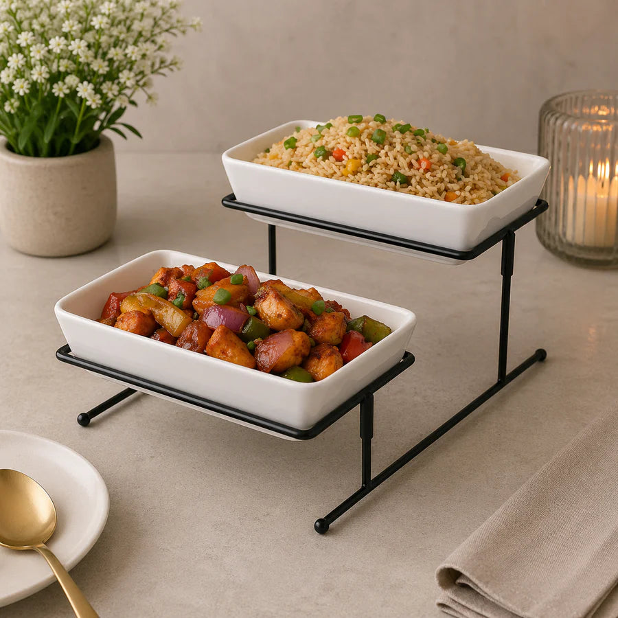 Brilliant 2-Tier Rectangular Serving Stand with Ceramic Dishes