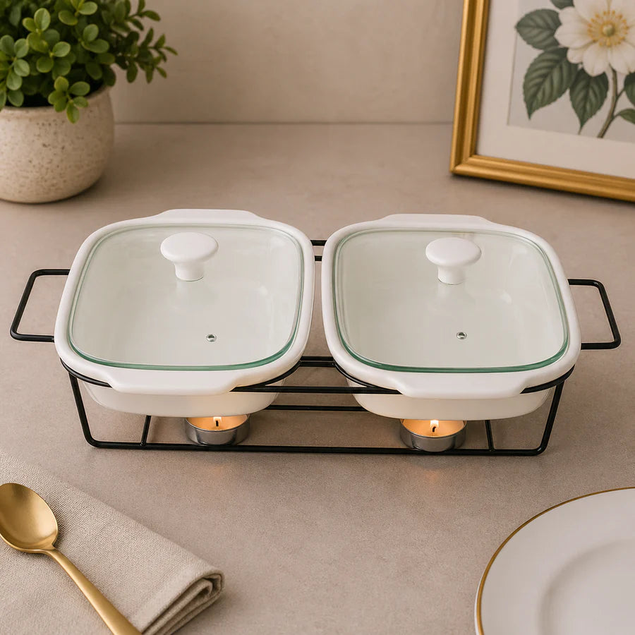 Brilliant 12-Inch Dual Oval Ceramic Chafing Dish Set with Metal Candle Stand