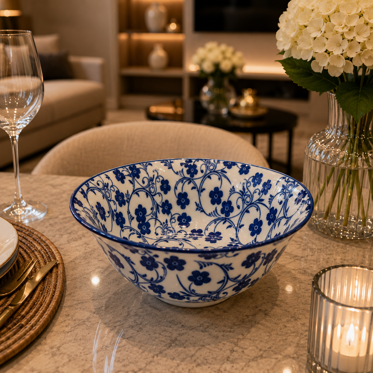 Danny Home Blue Flower 8-Inch Ceramic Salad Bowl