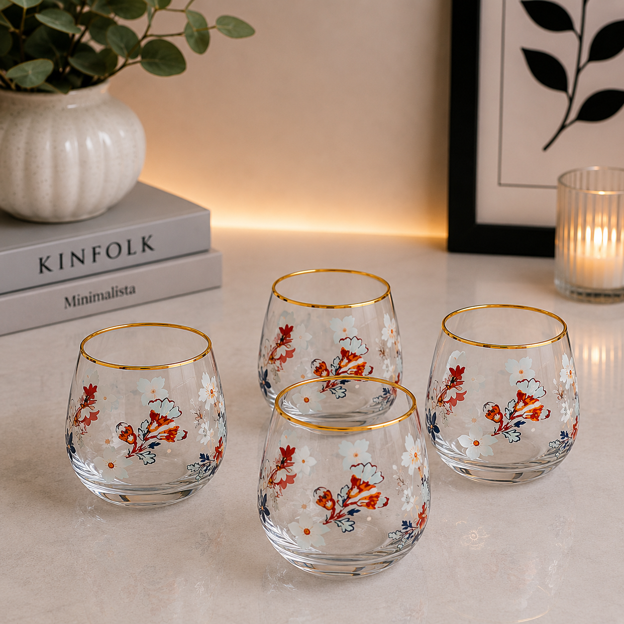 Danny Home Floral Glass Tumbler Set – 345ml (4 Pcs)
