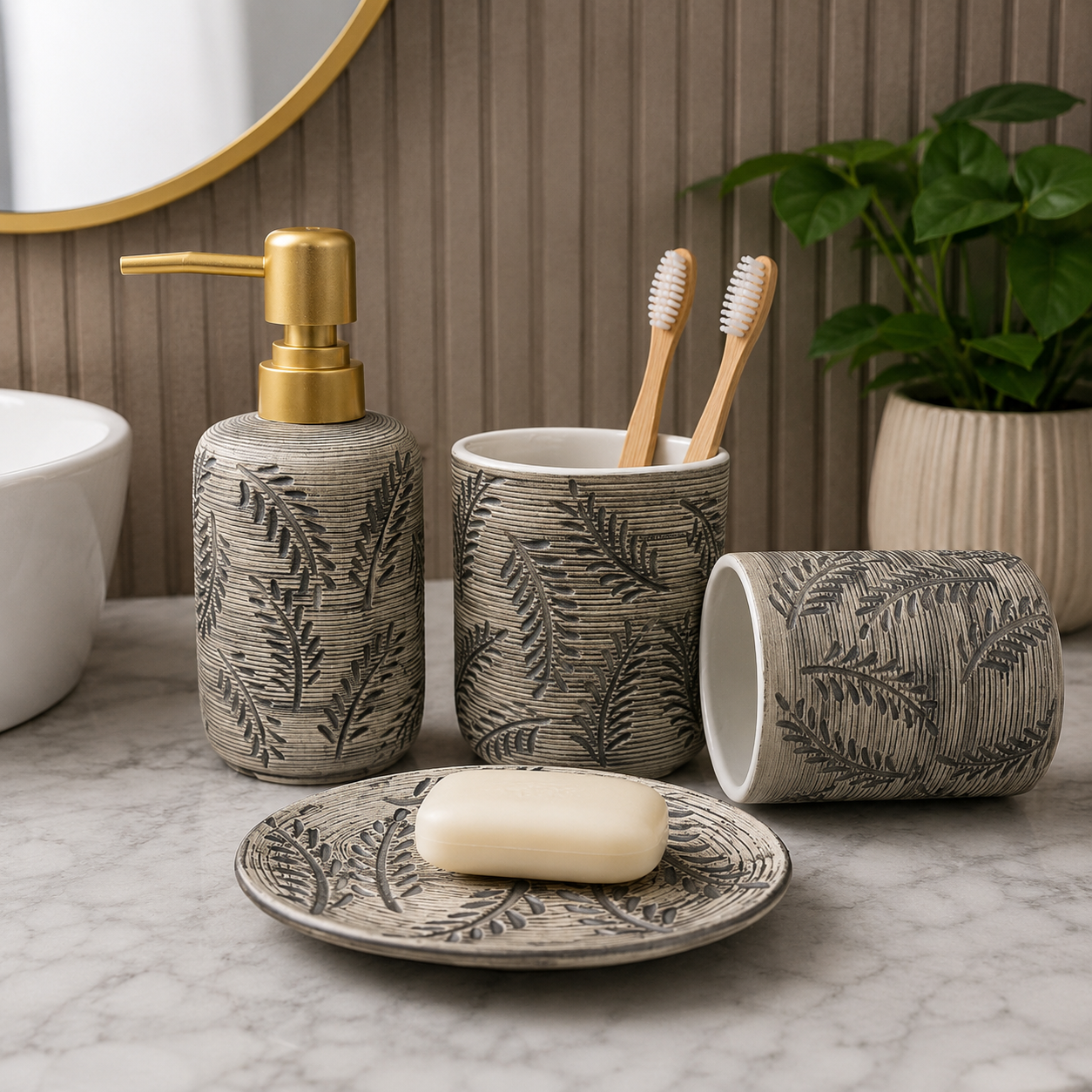 4-Piece Ceramic Bathroom Accessories Set with Gold Soap Dispenser Pump