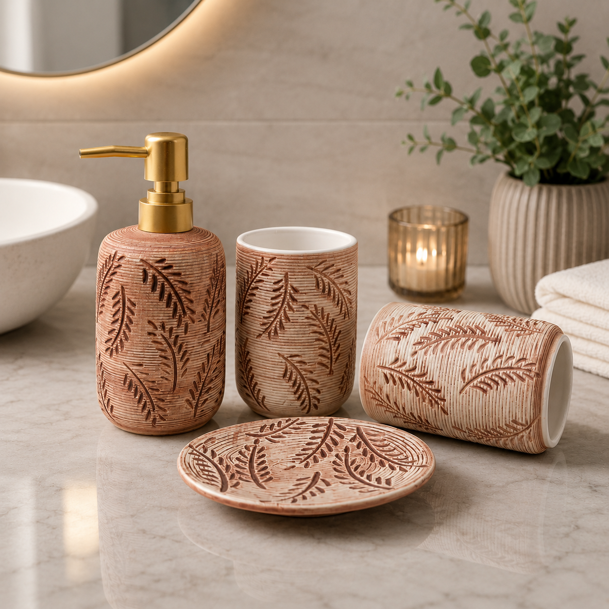 4-Piece Ceramic Bathroom Accessories Set with Gold Soap Dispenser Pump – Leaf Embossed Design