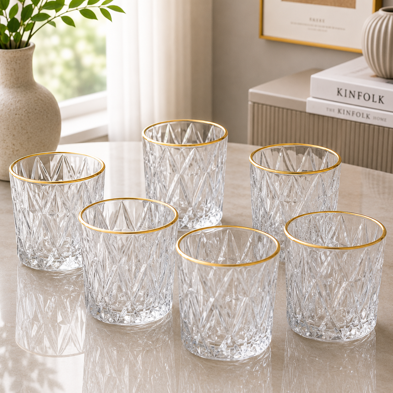 Luxe Gold Rim Diamond Cut Crystal Glass Tumbler Set – 6 Pieces