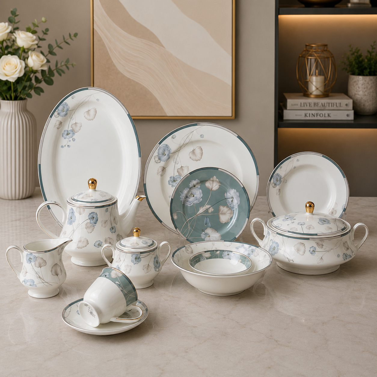 Sapphire Meadow Porcelain Dinner Set – 61 Pieces