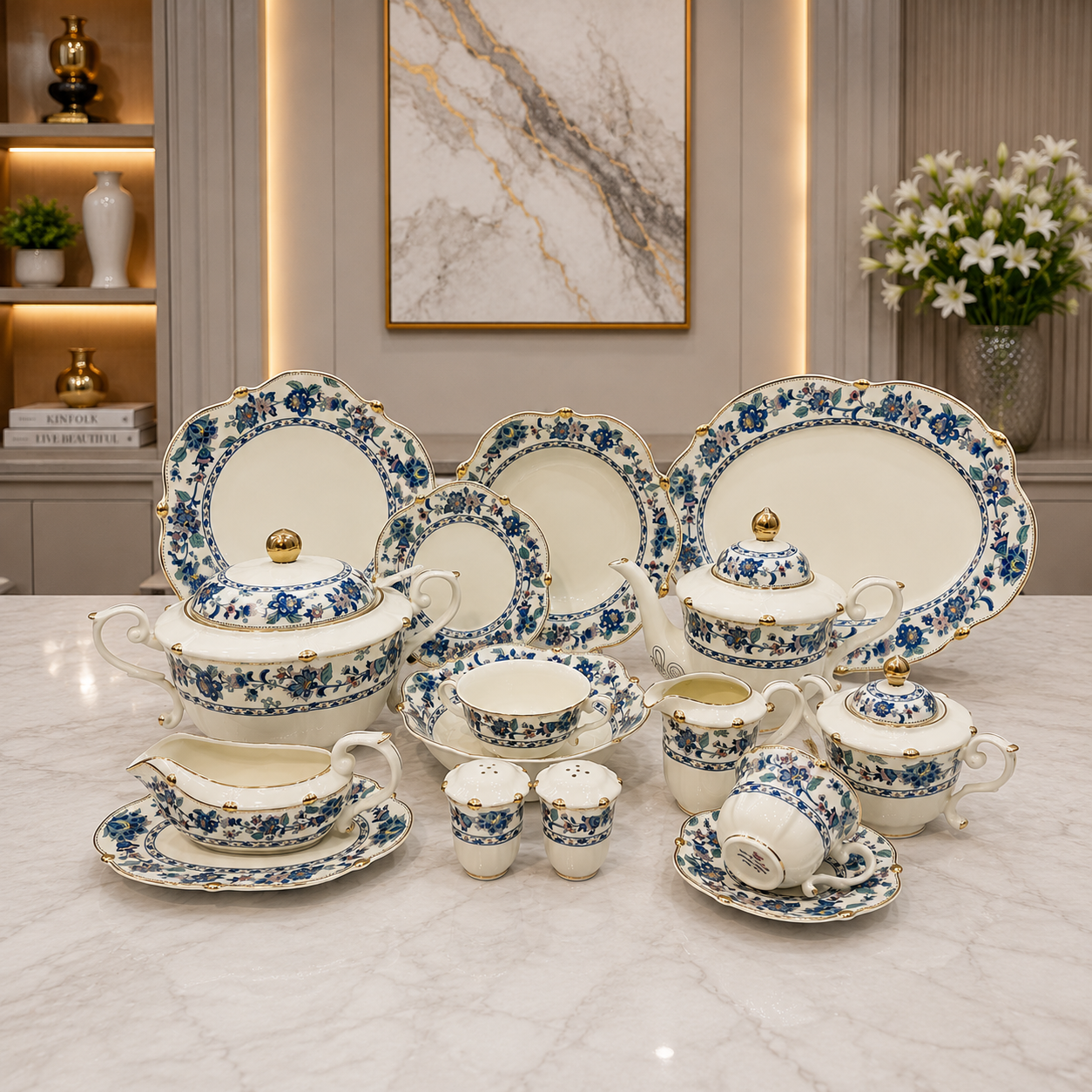 Royal Albert 75 Pcs Dinner Set – Premium Blue Floral Bone China Collection