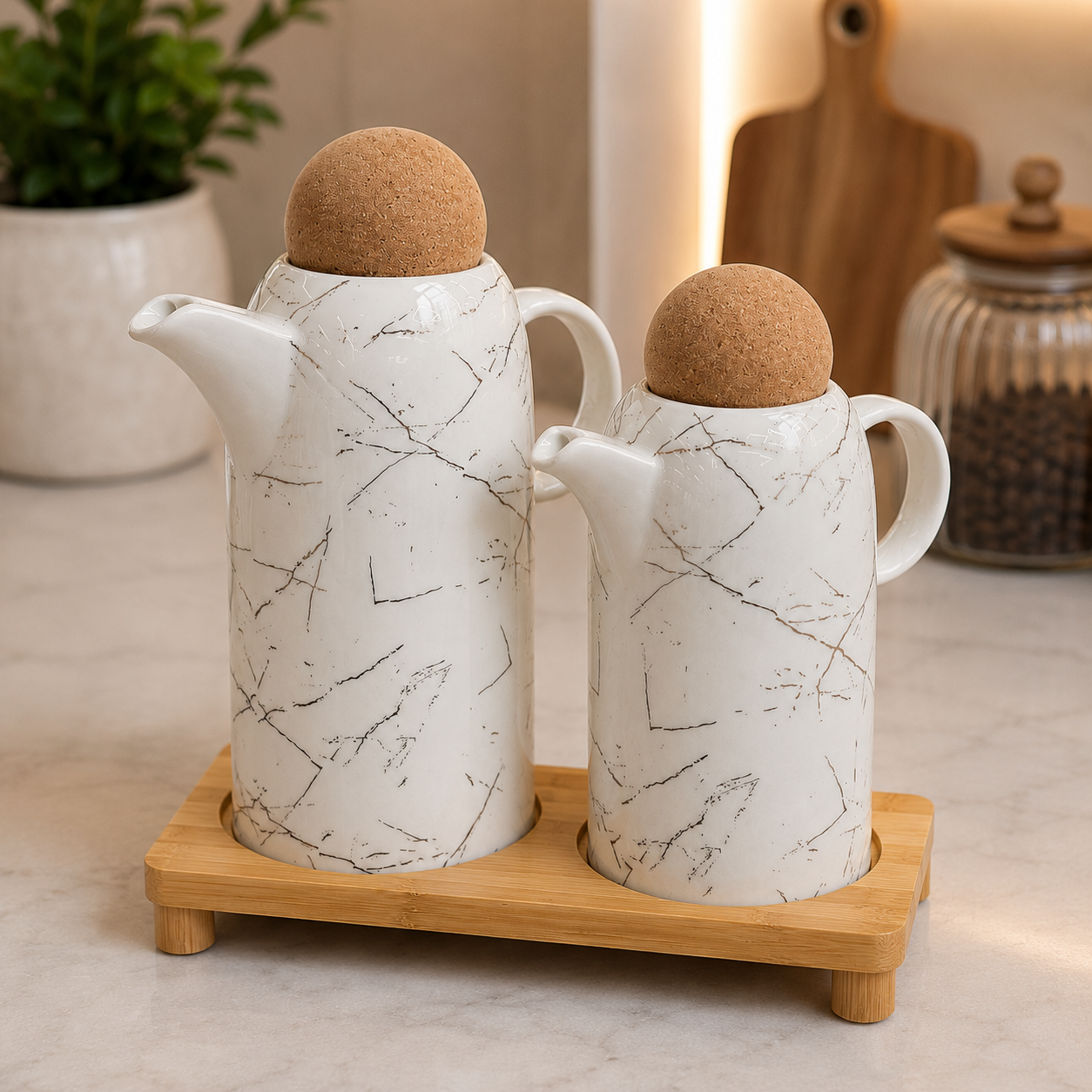 Ceramic 2-Piece Oil & Vinegar Jug Set with Bamboo Stand