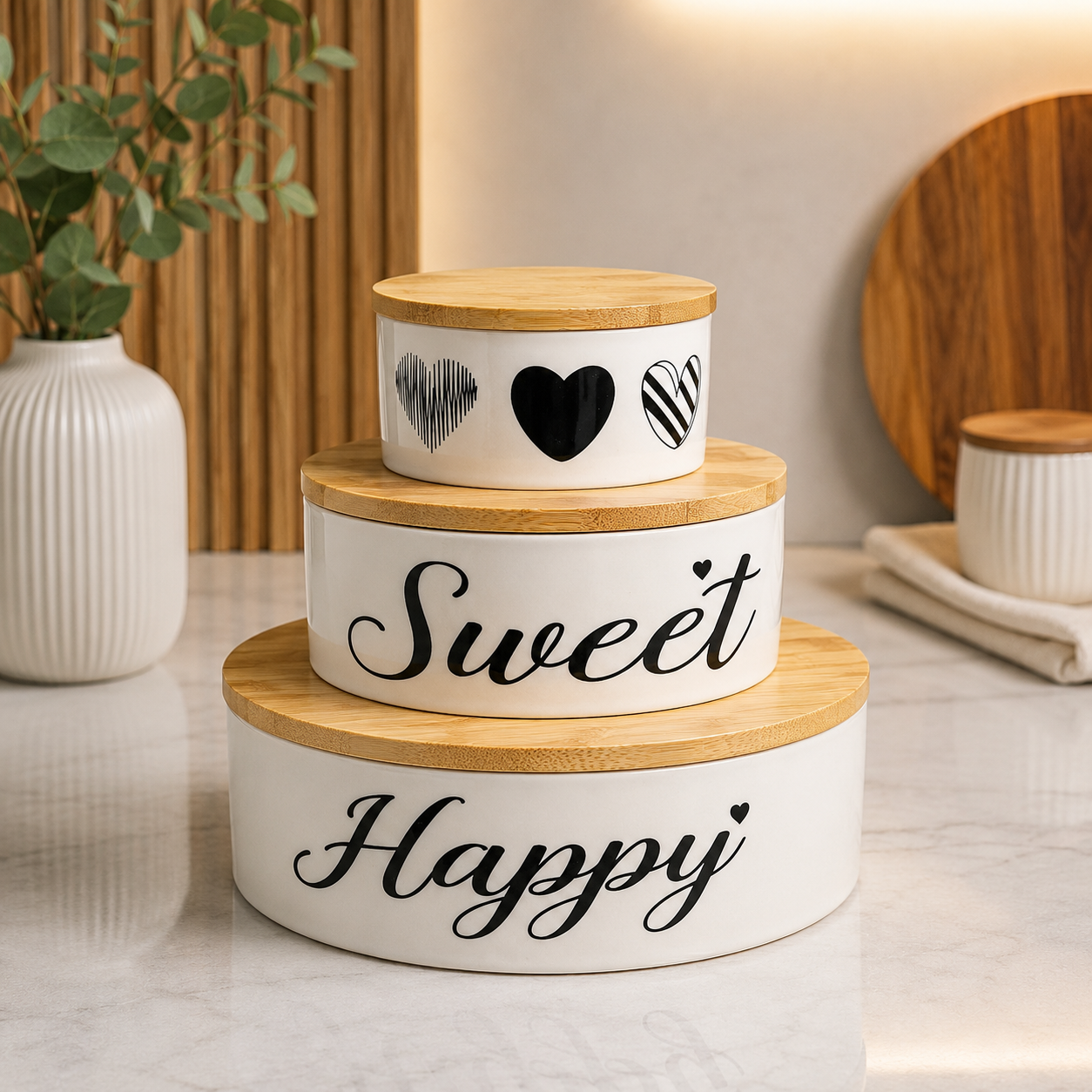 3-Piece Ceramic Serving Bowl Set with Bamboo Lids