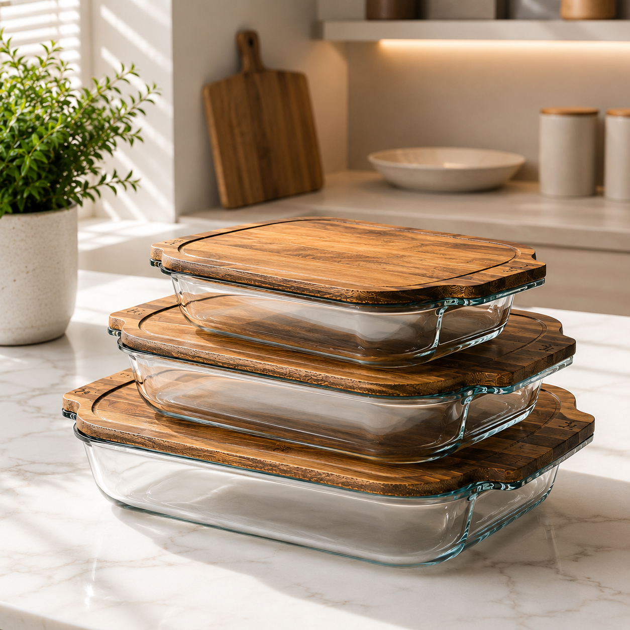 Walnut Wood Lid Glass Serving Dish