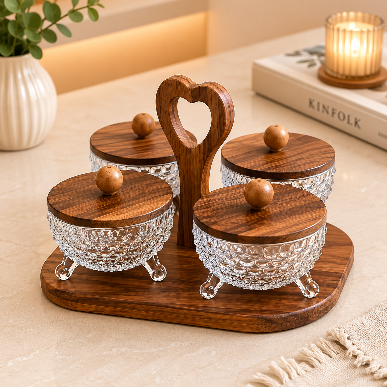 Walnut 4-Pcs Glass Dry Fruit Serving Set