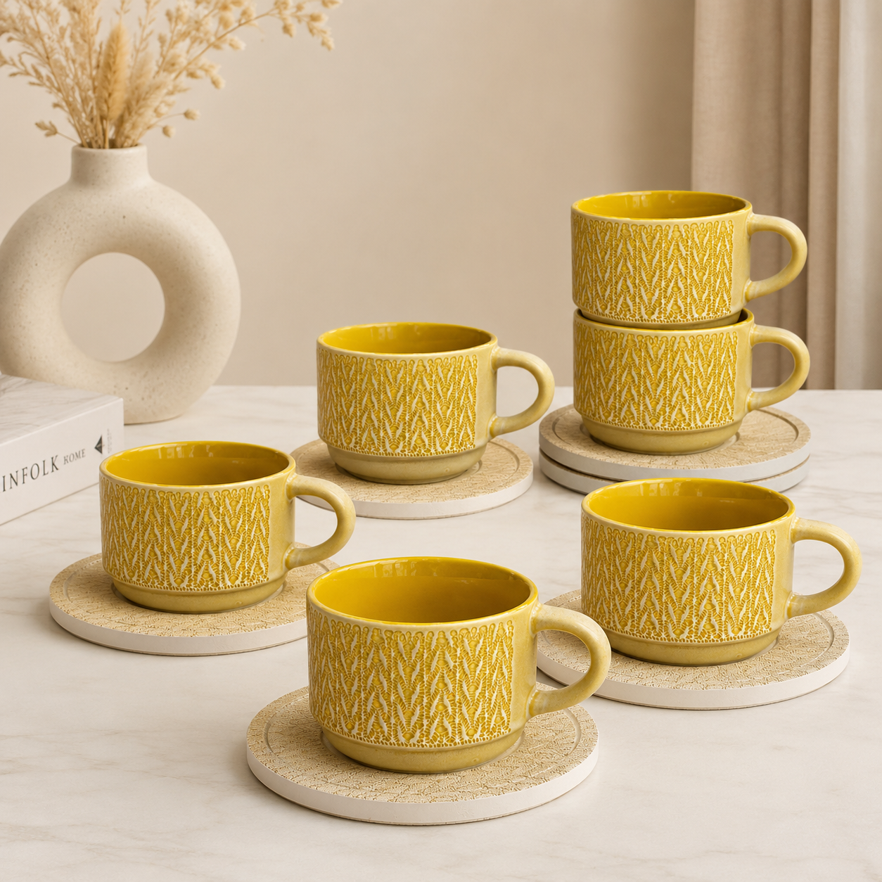 Danny Home Textured Ceramic Cup & Saucer Set – 6 Pcs | Mustard Yellow