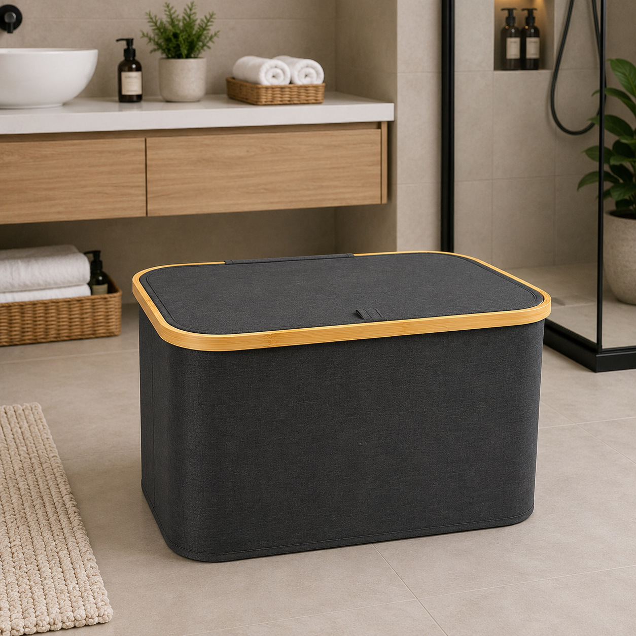 Foldable Fabric Laundry Basket with Wooden Frame – Charcoal Grey