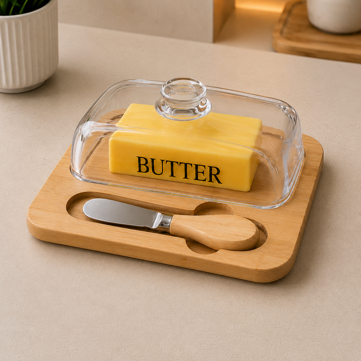 Premium Acrylic Butter Dish with Wooden Base & Butter Knife