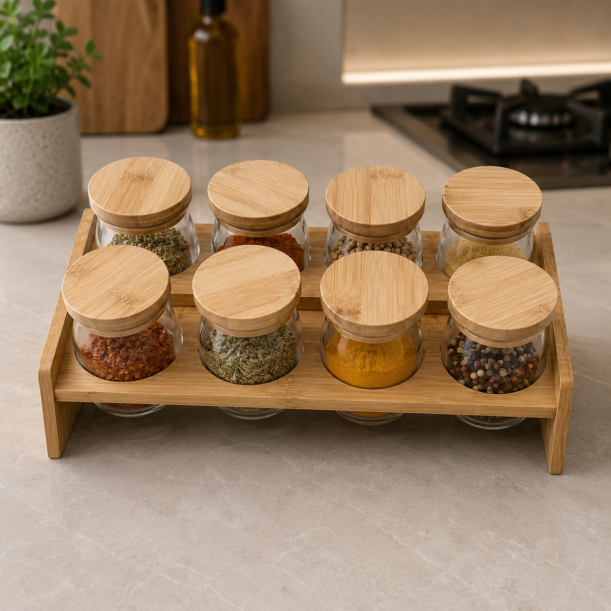 Premium Bamboo Spice Jar Set – 8 Piece