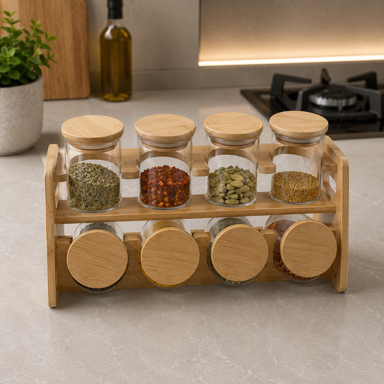 Premium Bamboo Spice Rack Set – 8 Jar Organizer