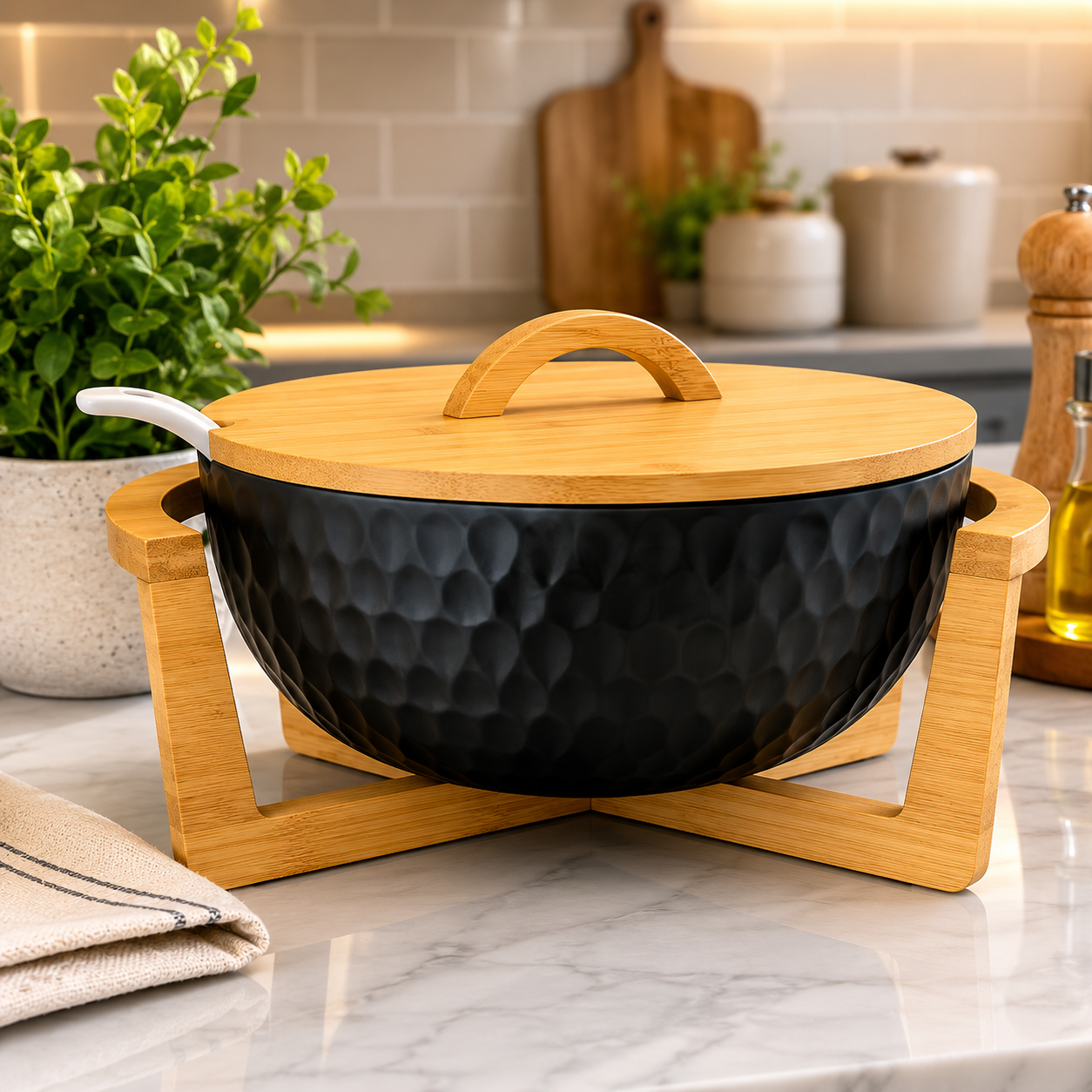 Modern Hammered Black Ceramic Serving Bowl with Wooden Lid & Stand