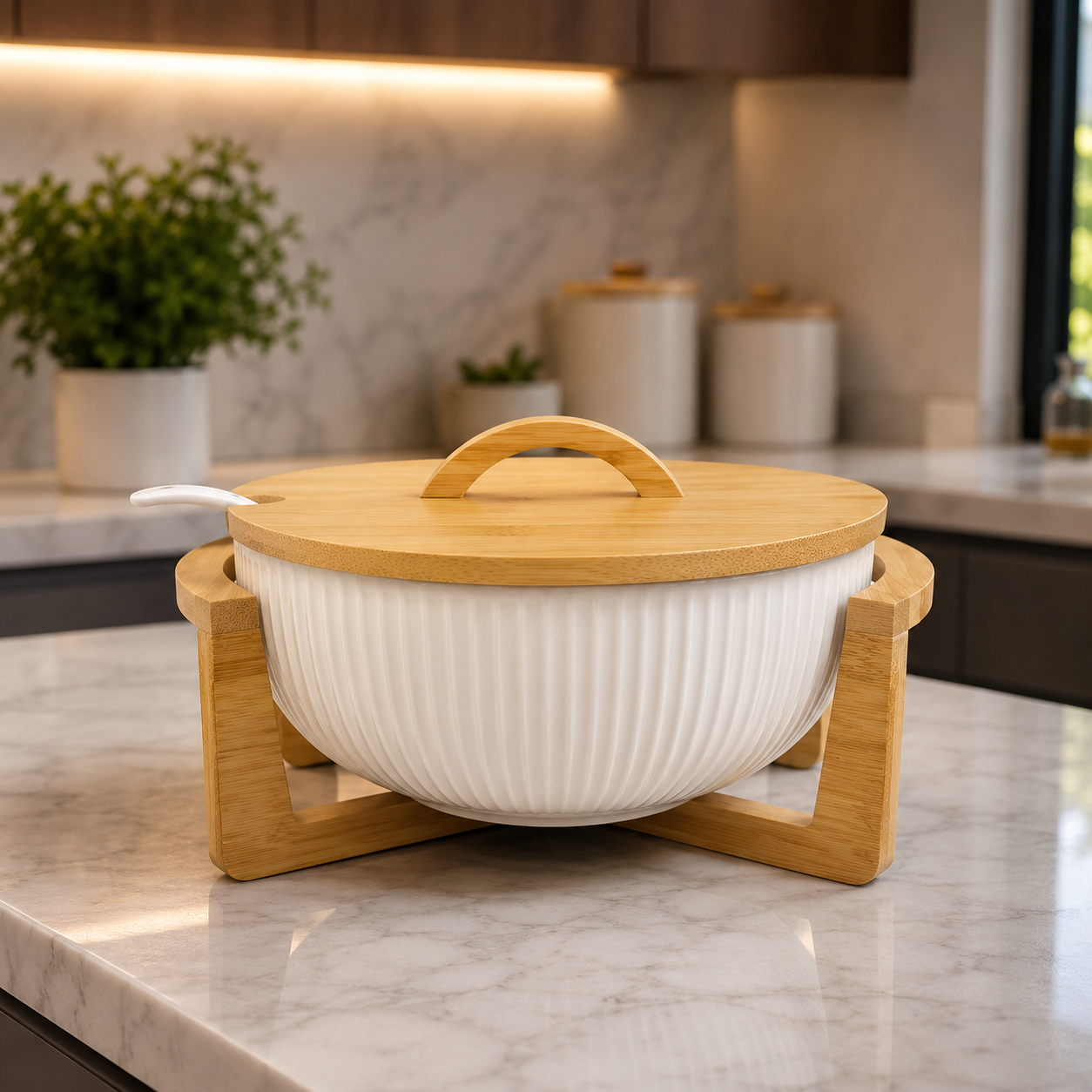 Ceramic Ribbed Serving Bowl with Bamboo Lid & Wooden Stand