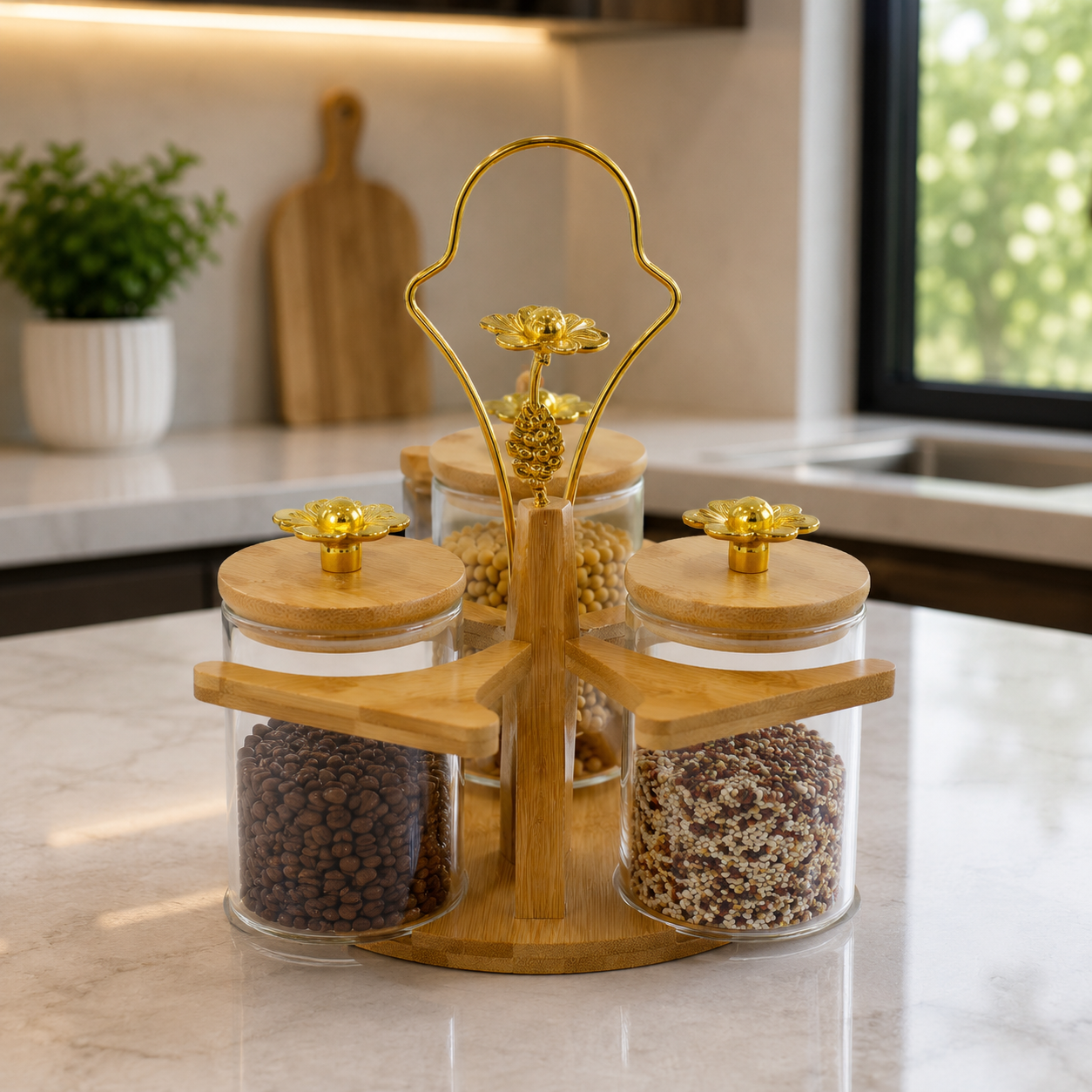 Luxury Glass Storage Jar Trio with Wooden Stand
