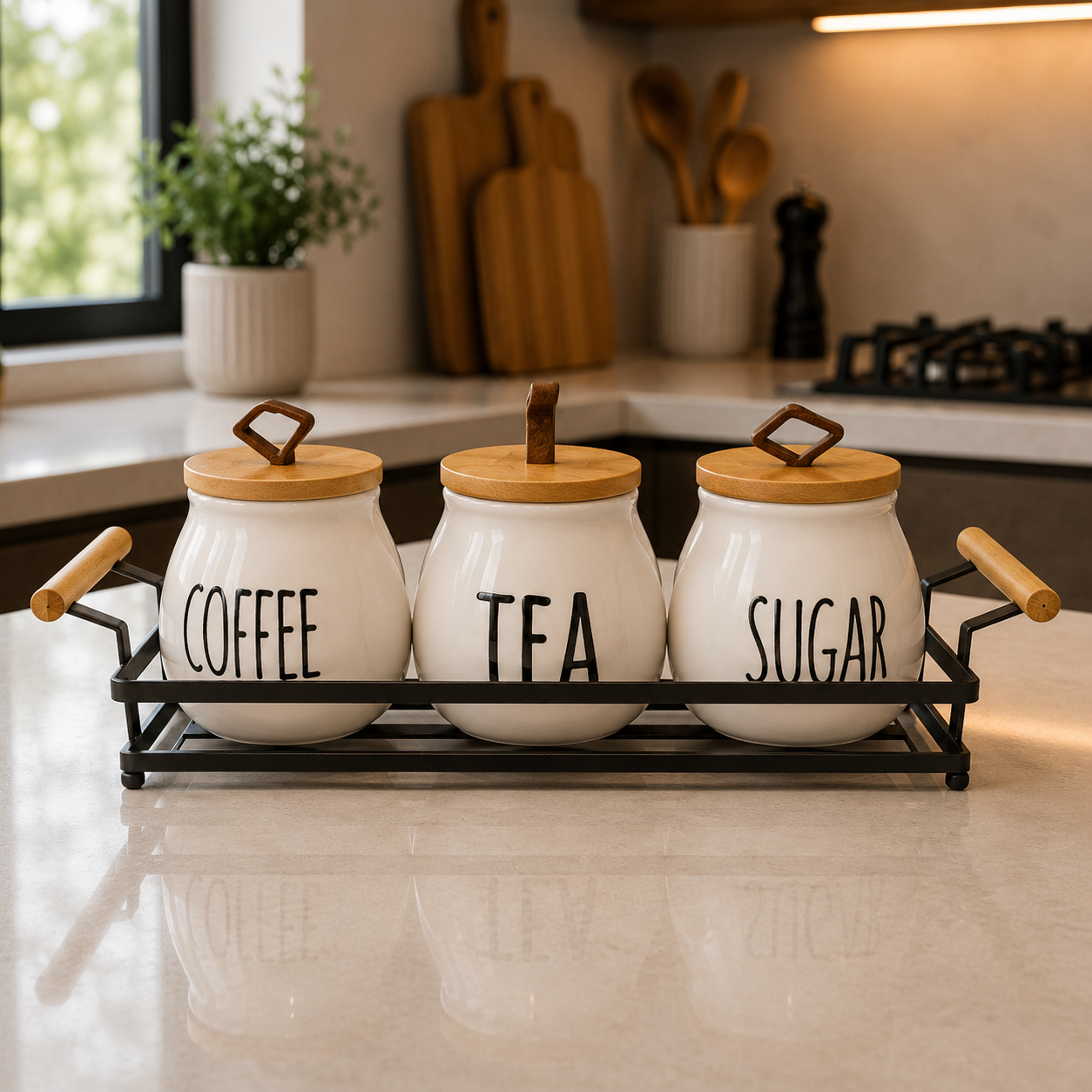 Premium 3-Piece Ceramic Tea, Coffee & Sugar Canister Set with Wooden Lids and Metal Stand