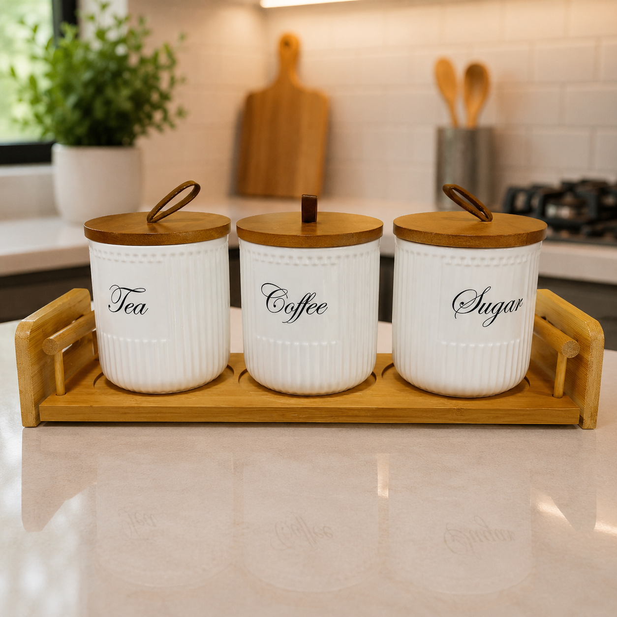 Elegant 3-Piece Ceramic Tea, Coffee & Sugar Canister Set with Wooden Tray
