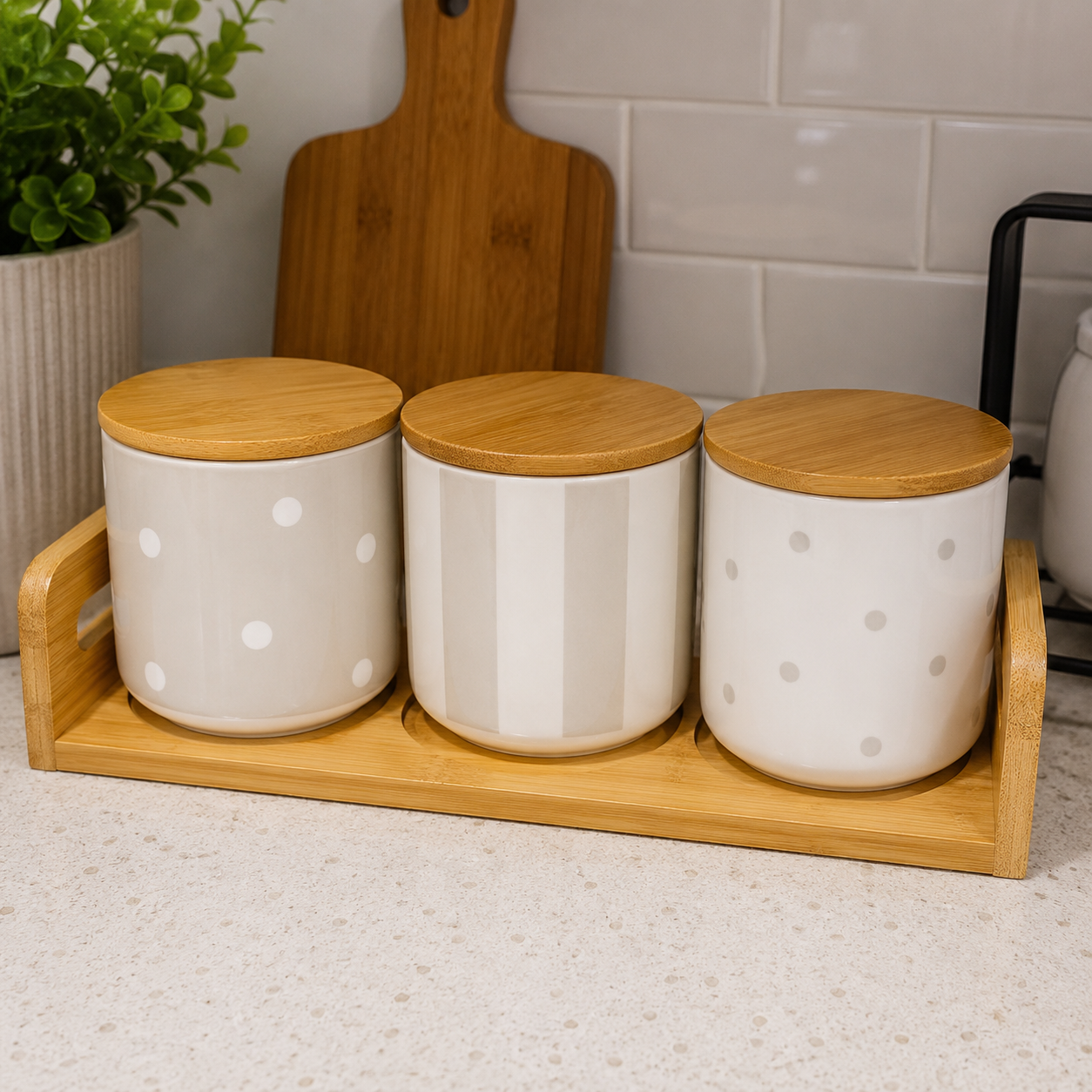 Premium Ceramic Storage Canister Set with Wooden Stand – 3 Pieces