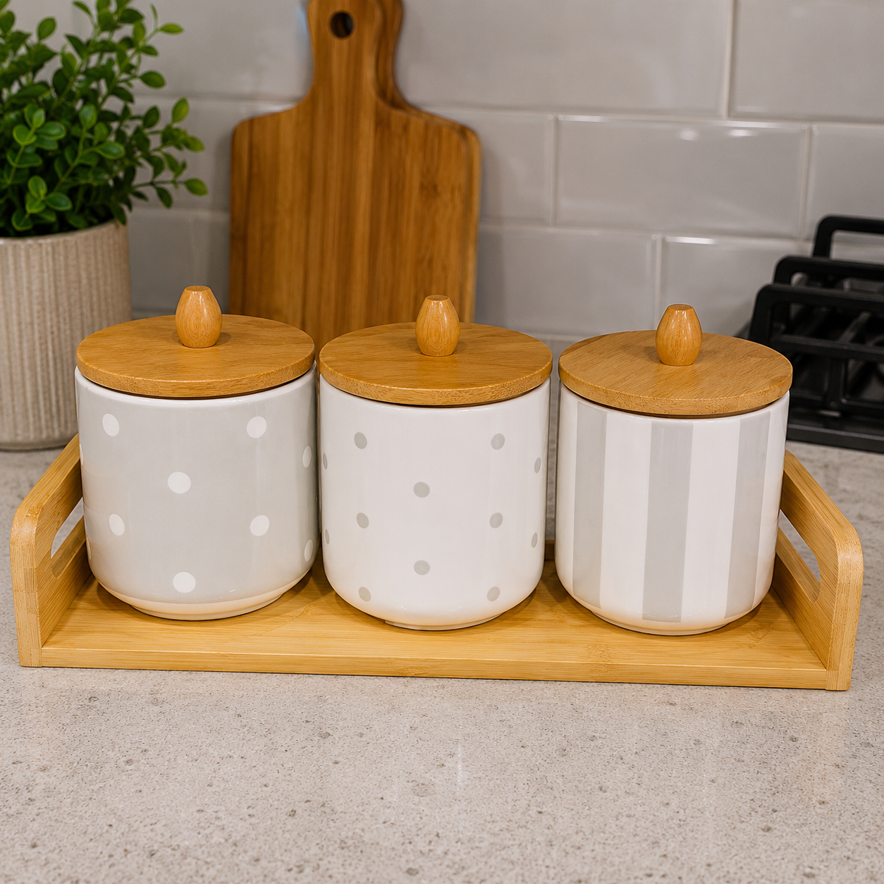 Premium Ceramic Polka Dot Storage Canister Set with Bamboo Tray (3 Pieces)