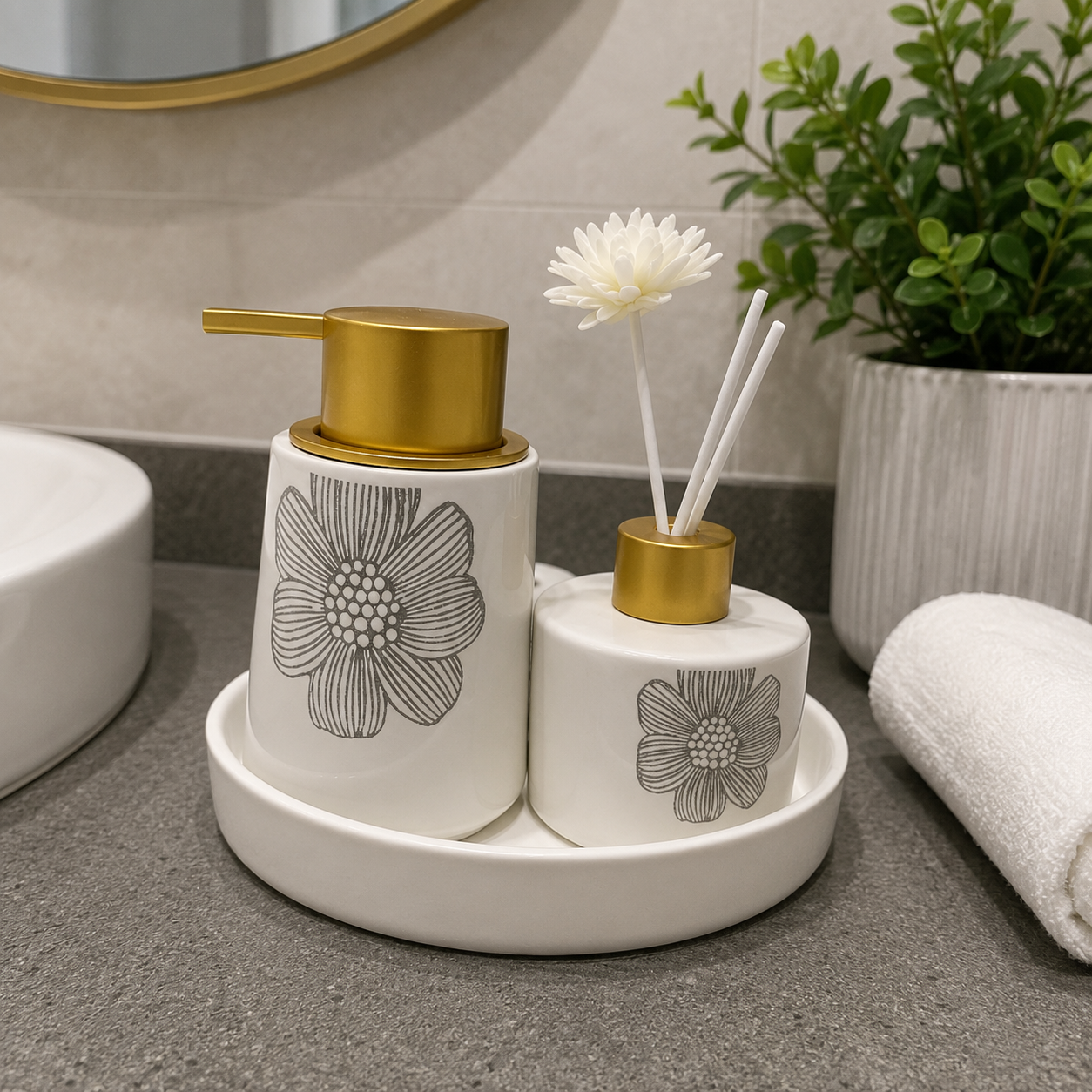 Luxury Ceramic Bathroom Accessory Set with Soap Dispenser & Reed Diffuser Tray