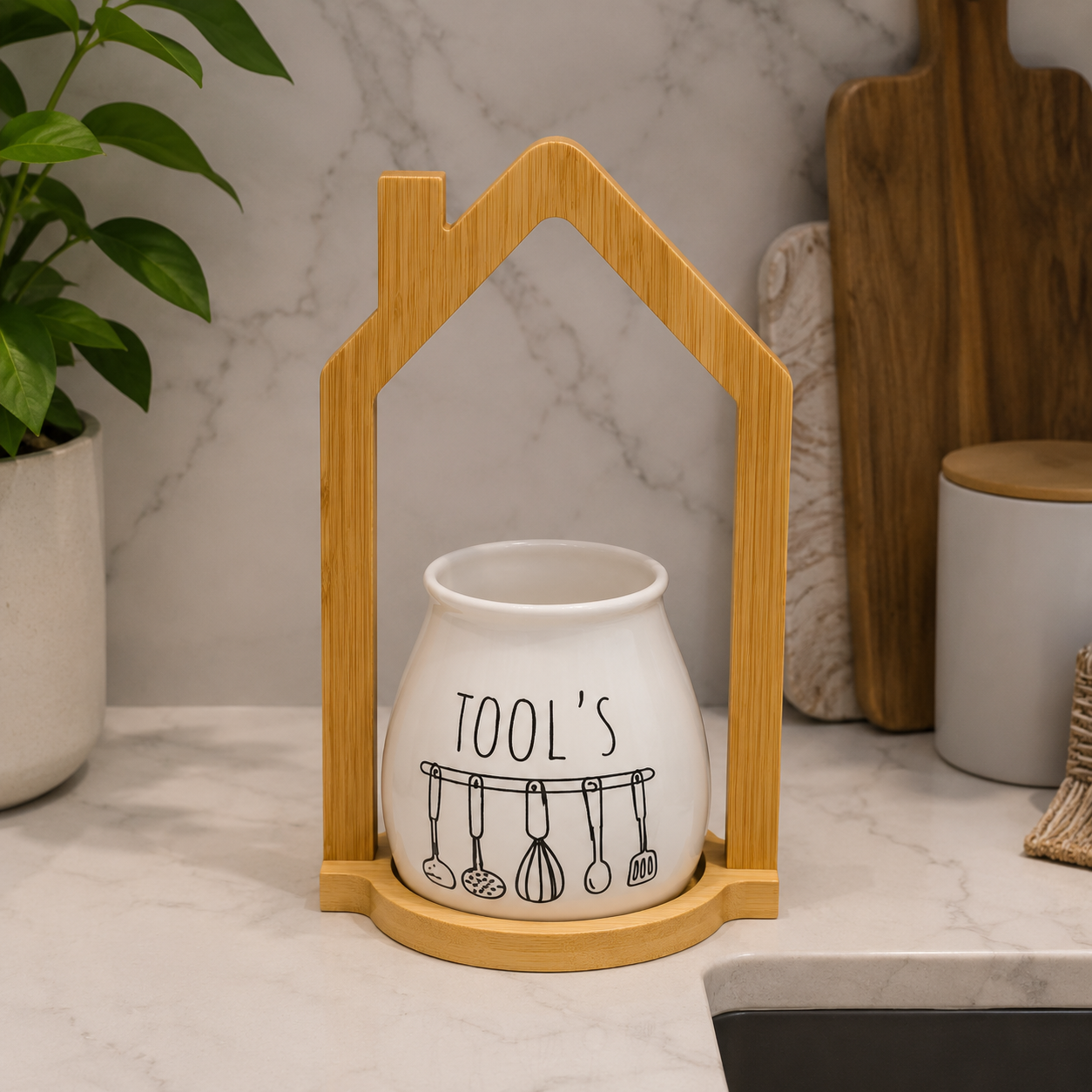 Ceramic Kitchen Utensil Holder with Wooden House-Shaped Stand