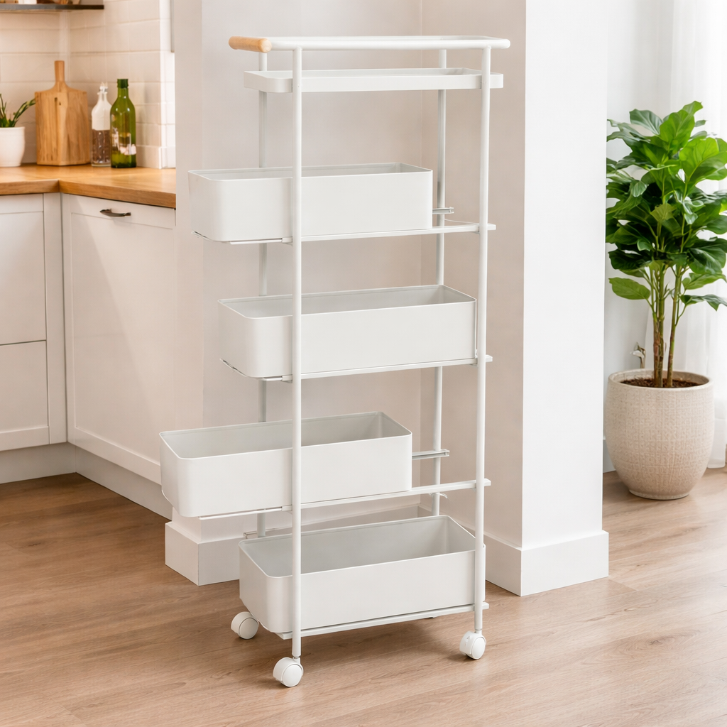 Binca 5 Layer Metal Utility Trolley with Sliding Drawers - White