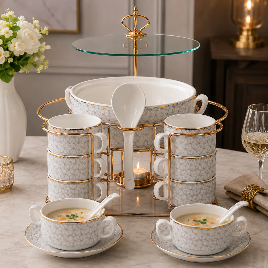 Brilliant Royal Elegance Geometric Soup Set with Candle Stand – 16 Pcs