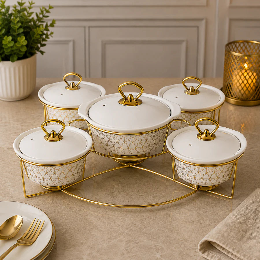 Brilliant Royal Feast 5 Pcs Round Ceramic Casserole Set with Metal Stand