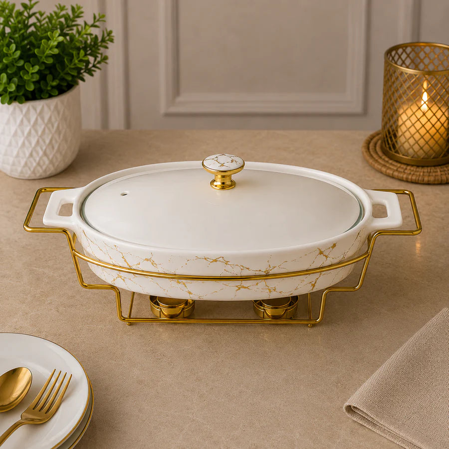 Brilliant Marble Royale 14.5" Oval Ceramic Casserole with Metal Candle Stand