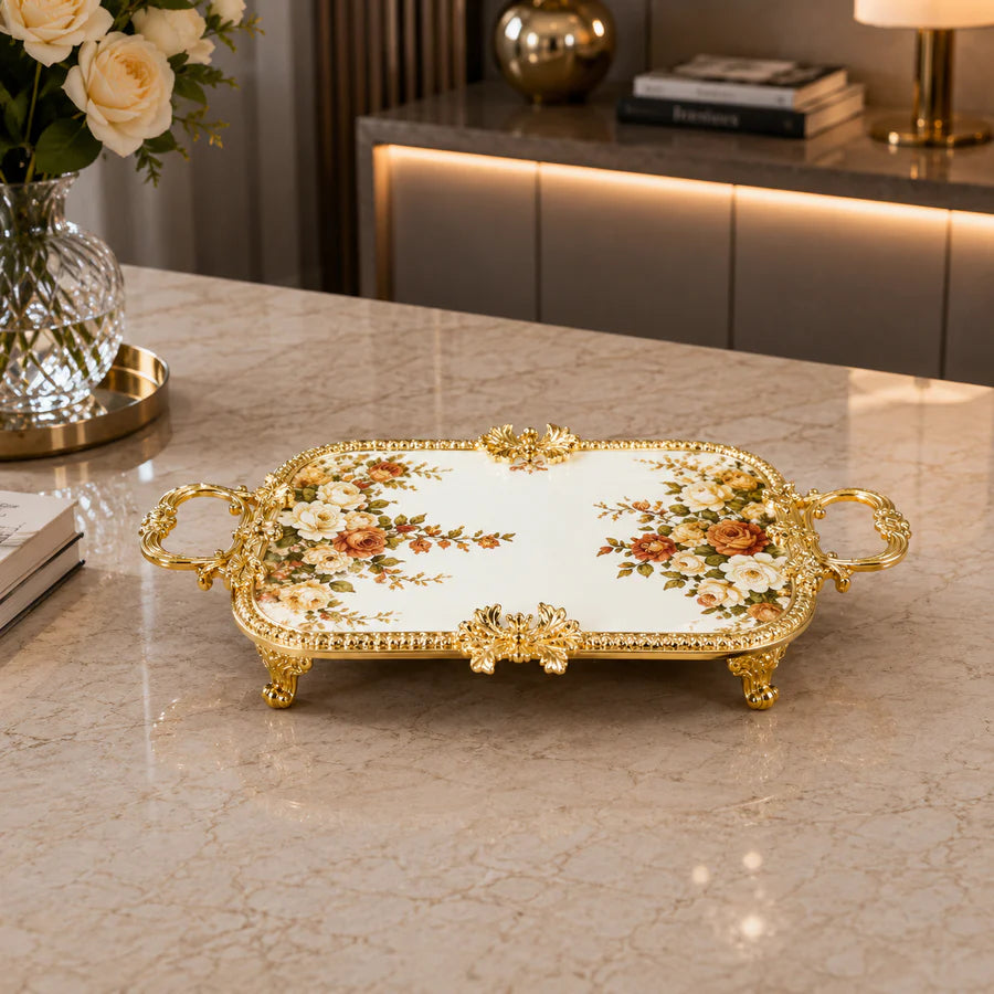 Brilliant Royal Blossom Gold Rectangular Flat Tray – 25.5x18x6cm