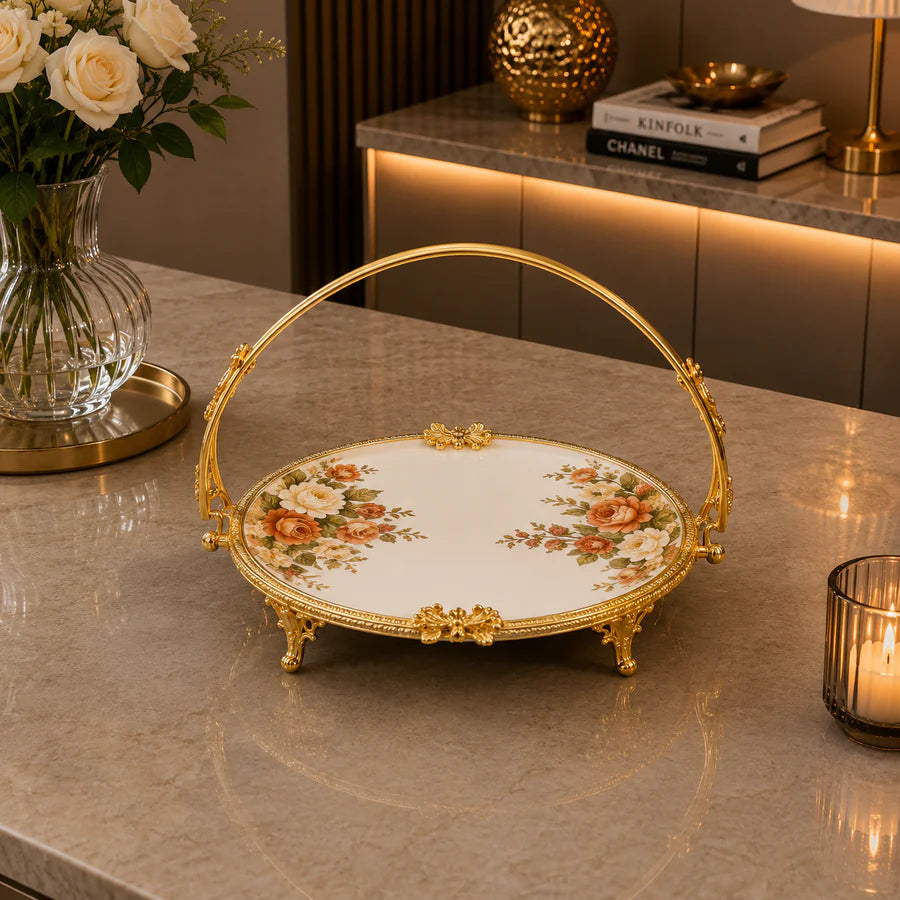Brilliant Royal Blossom Gold Round Flat Basket Tray – 24x36x28cm