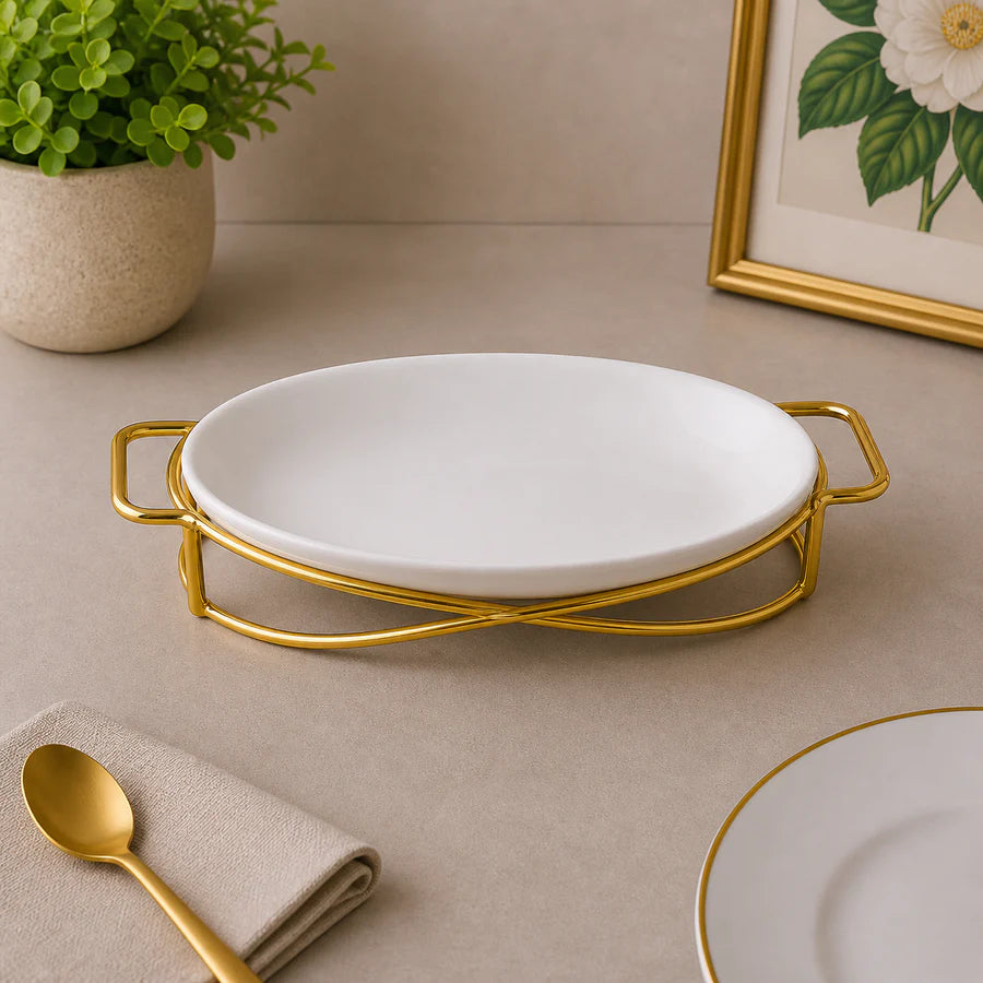 Brilliant 12-Inch Oval Ceramic Serving Dish with Gold Metal Stand