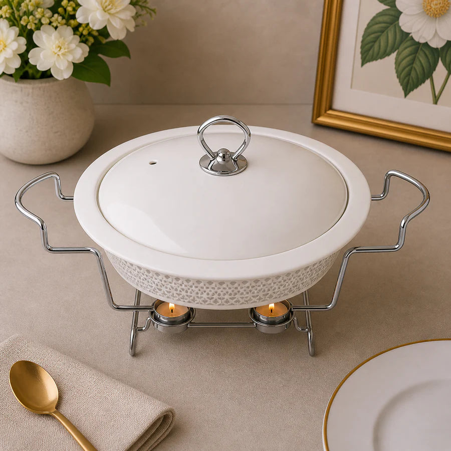 Brilliant 16-Inch Round Ceramic Chafing Dish with Metal Candle Stand