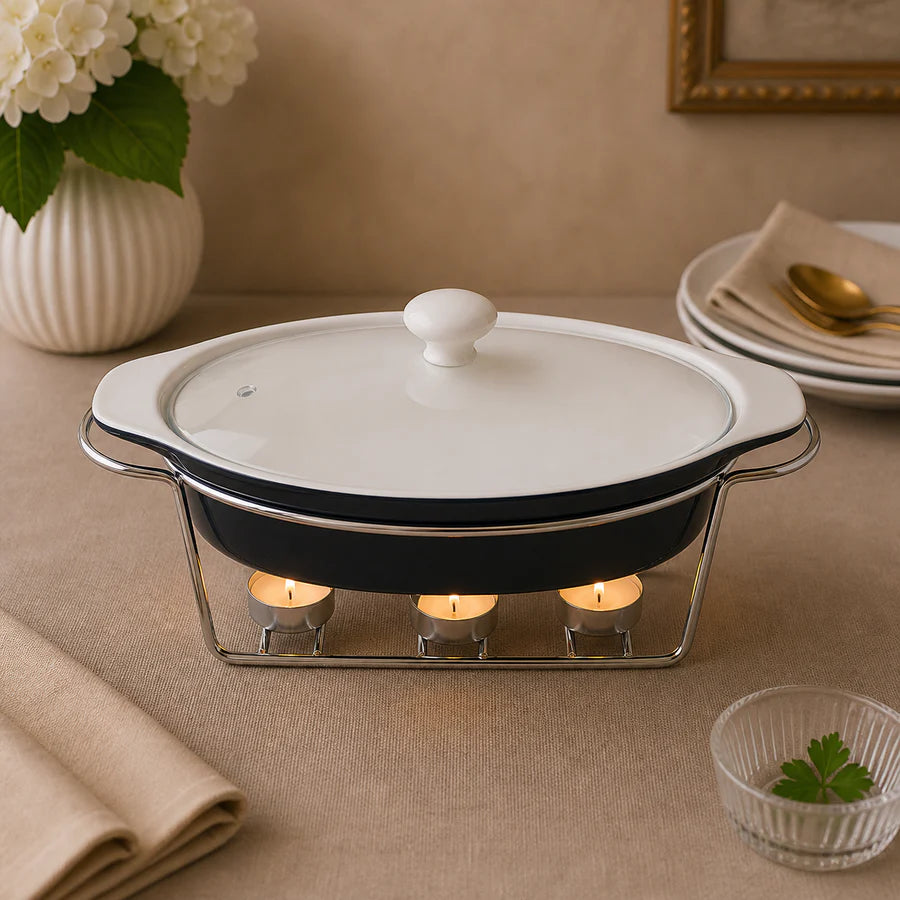 Brilliant 11-Inch Oval Ceramic Chafing Dish with Glass Lid & Metal Candle Stand