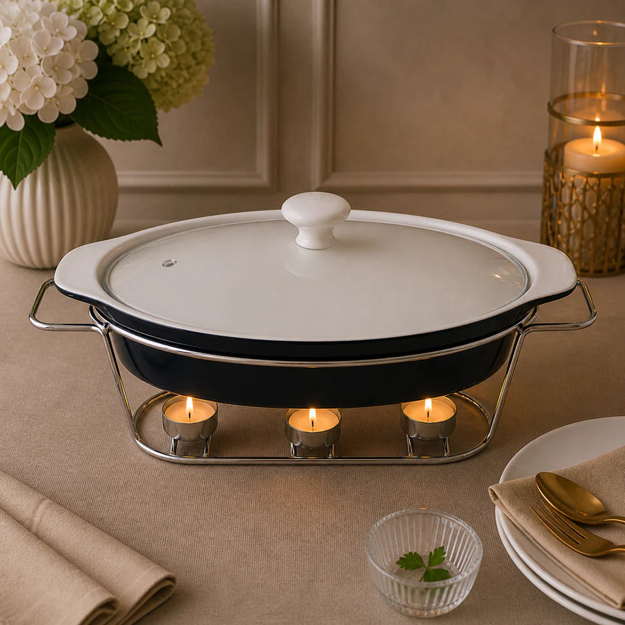 Brilliant 15-Inch Oval Ceramic Chafing Dish with Glass Lid & Metal Candle Stand
