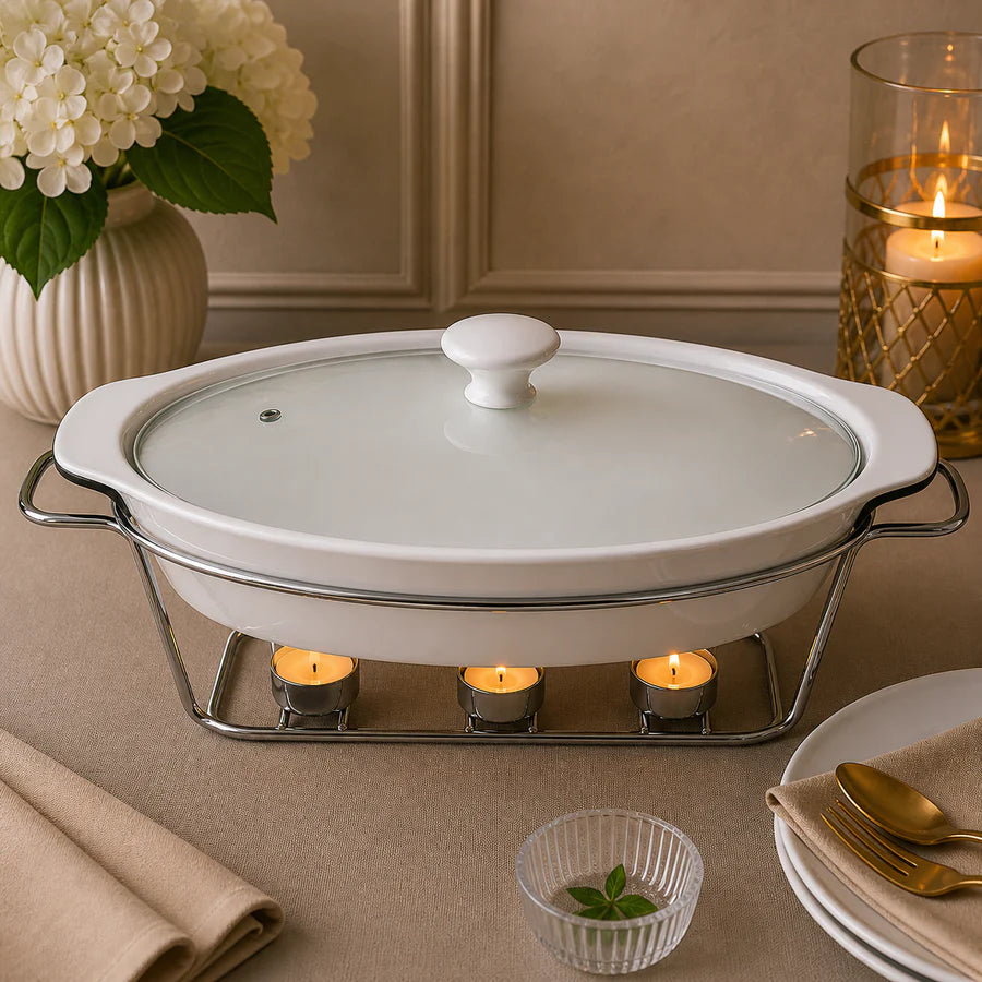 Brilliant Oval Ceramic Chafing Dish with Metal Candle Stand