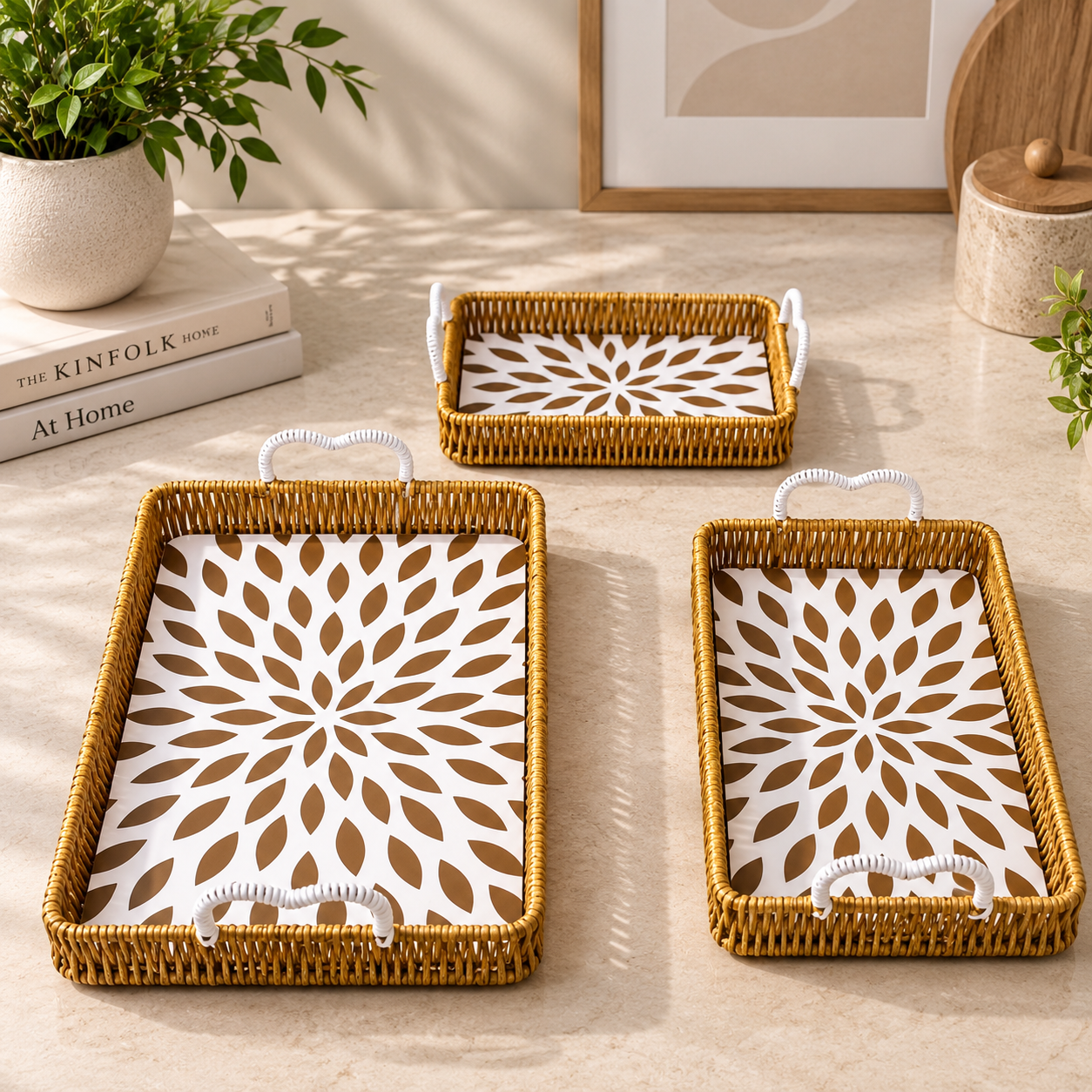 3-Piece Woven Serving Tray Set with Floral Pattern - Rectangle