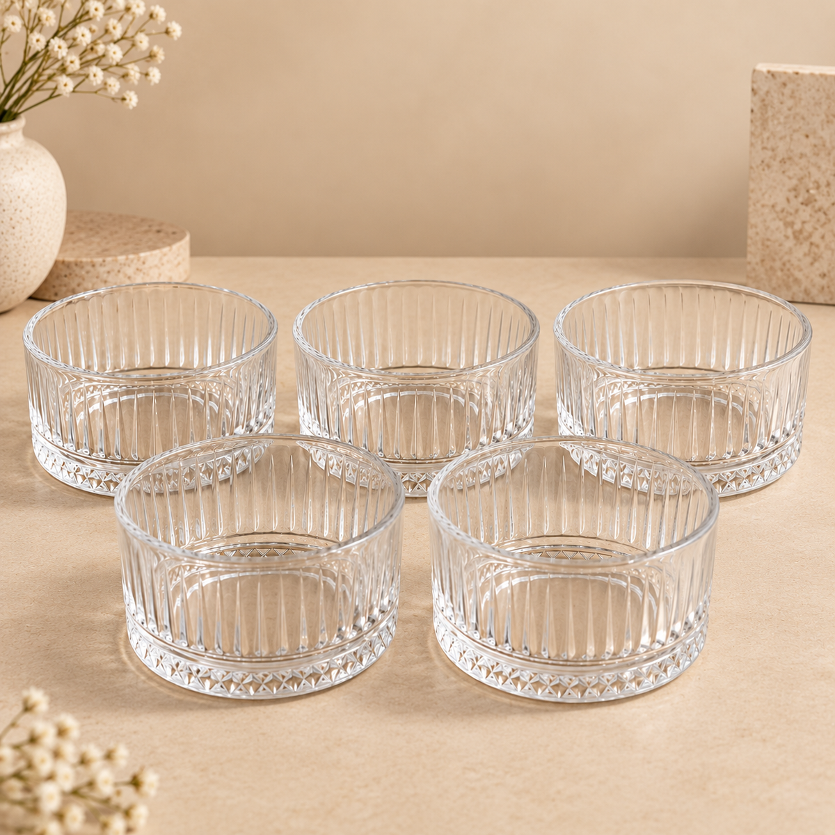 Crystal Ribbed Glass Bowl Set – 5 Pcs