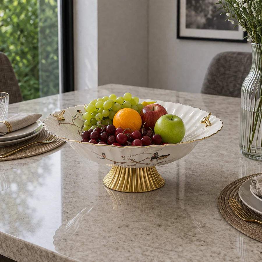 Angela Elegant Bird & Gold Pedestal Ceramic Fruit Bowl