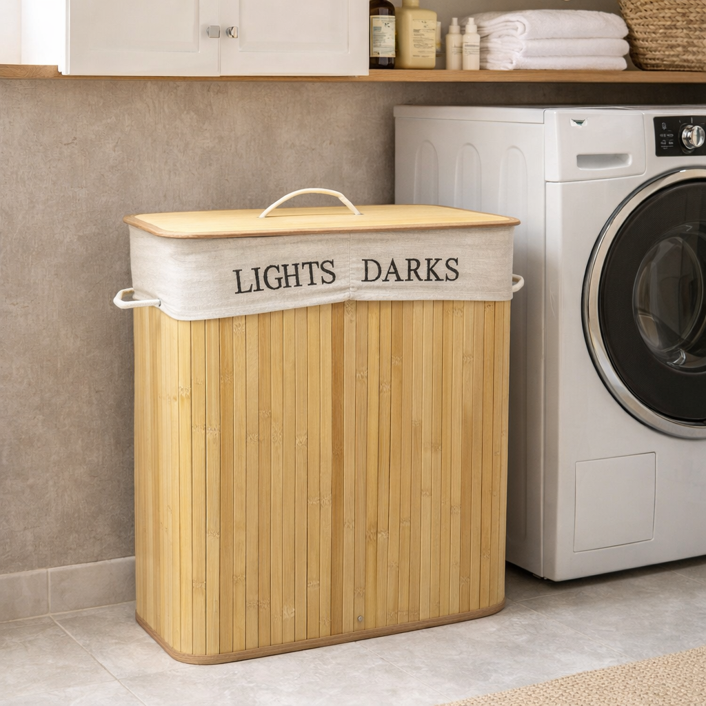 Rectangular Dual Compartments Bamboo Laundry Basket - Light Brown