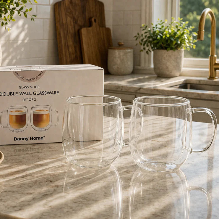 Danny Home Double Walled Glass Mug with Handle 250ml - 2Pcs Set