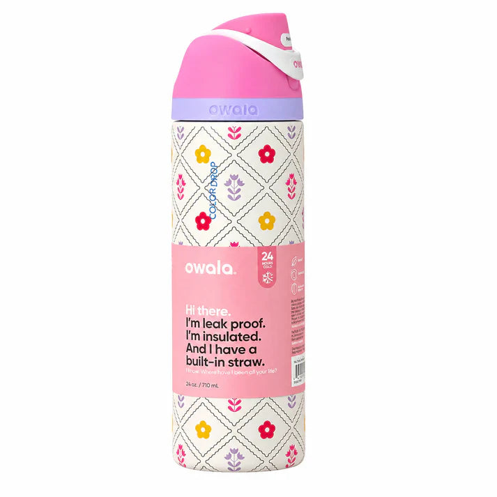 Owala 24oz Insulated Water Bottle – Leak-Proof FreeSip Straw Lid (Floral Pastel Edition)