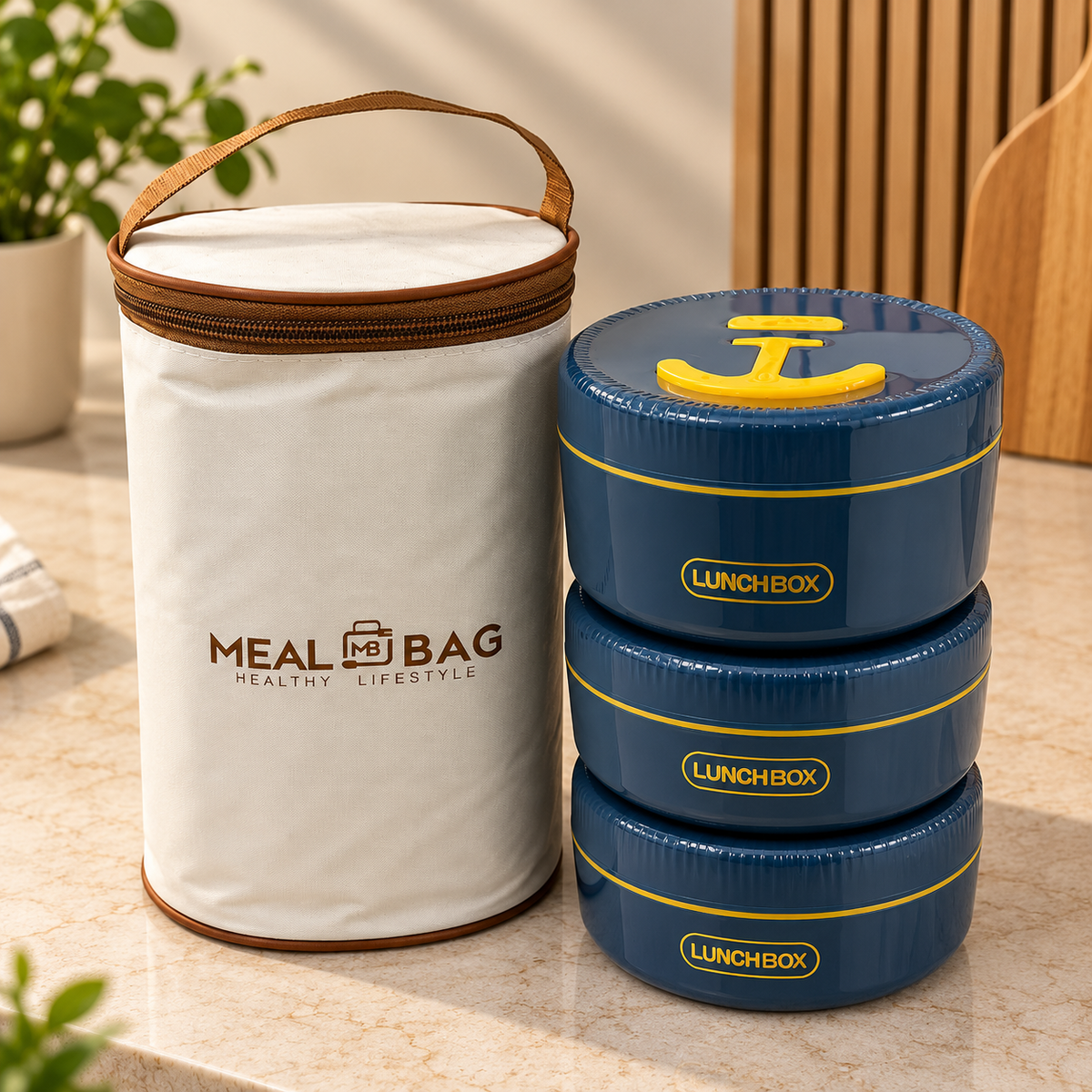Premium 3 Pcs Stackable Lunch Box Set with Insulated Carry Bag – Navy Blue