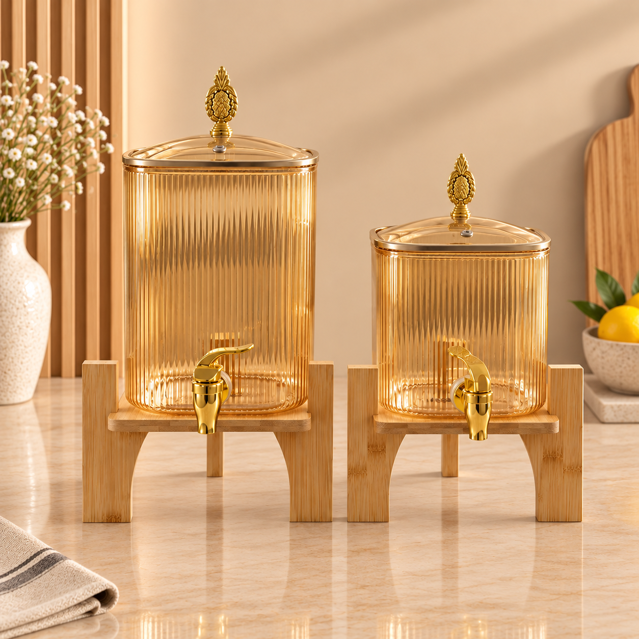Glass Beverage Dispenser with Wooden Base (Gold)
